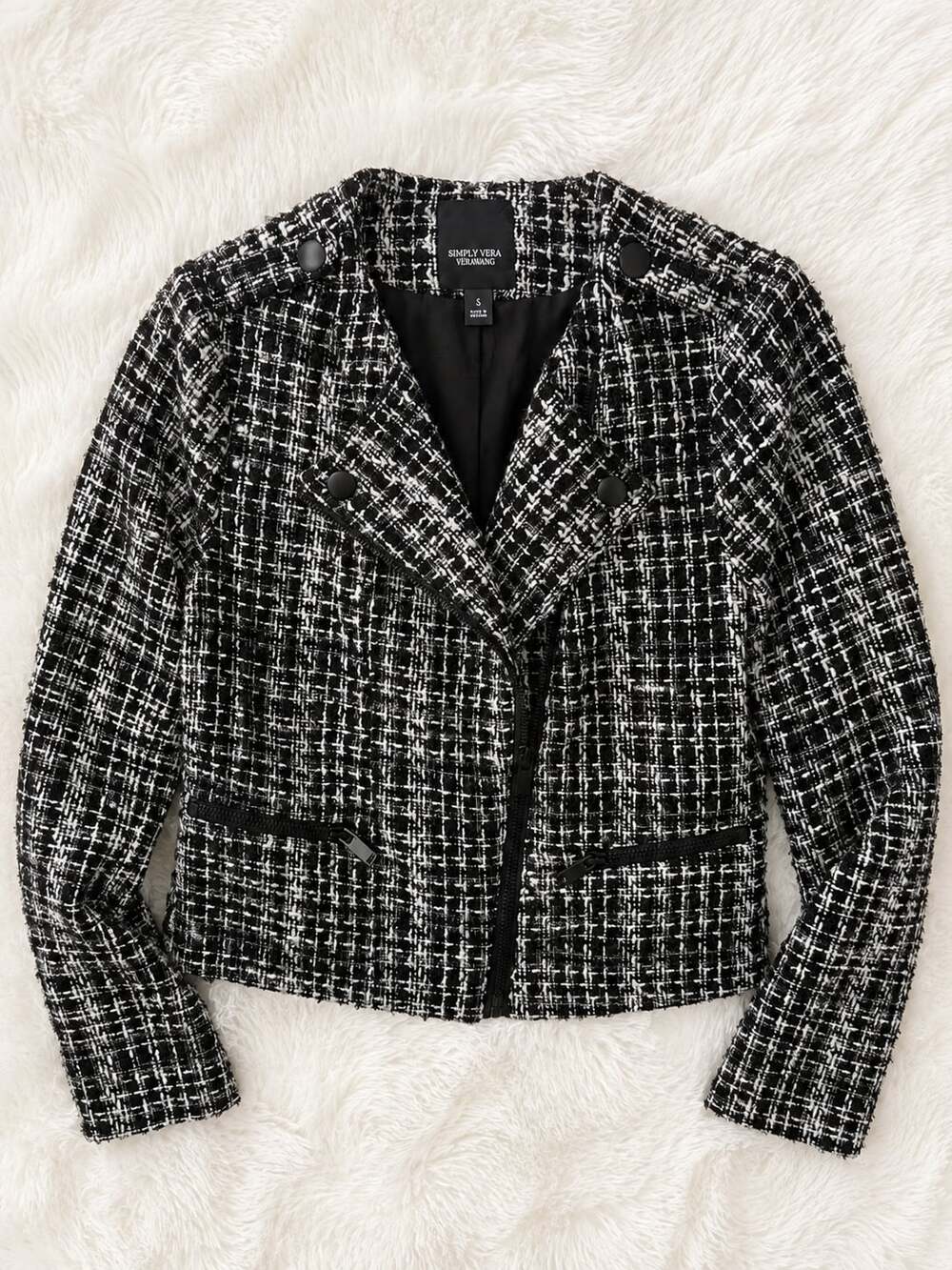 Simply Vera Vera Wang Black And White Tweed Cropped Moto Jacket Size S
